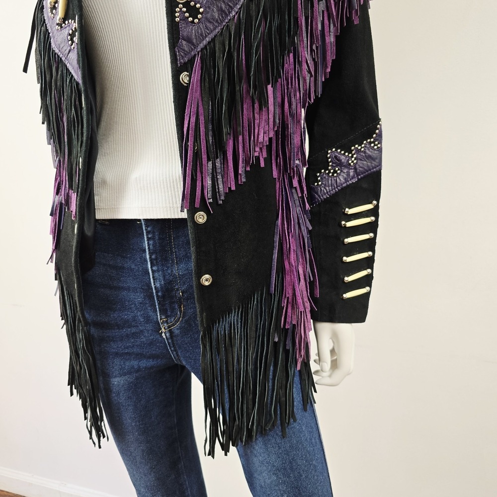 Leather Gallery Western Fringe Suede Jacket Cowgirl Southwest Beaded Size M Snap - Picture 5 of 15